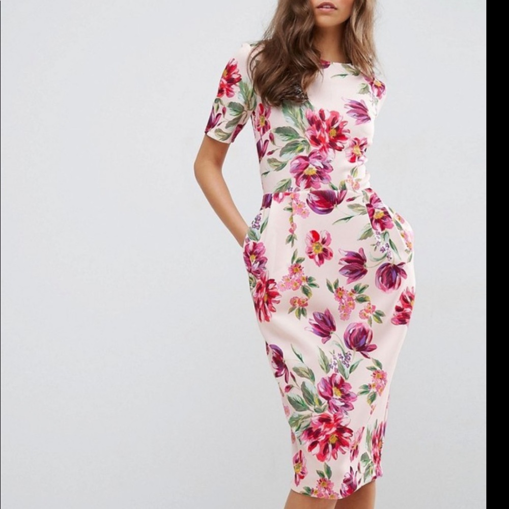 ASOS Pink Floral Wiggle Midi Dress